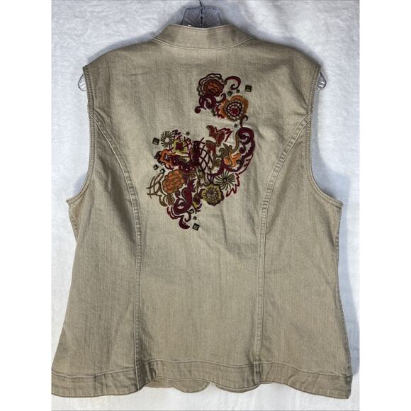 Christopher & Banks Embroidered Vest Beige Denim Studded Fall Floral Button L - Picture 5 of 11